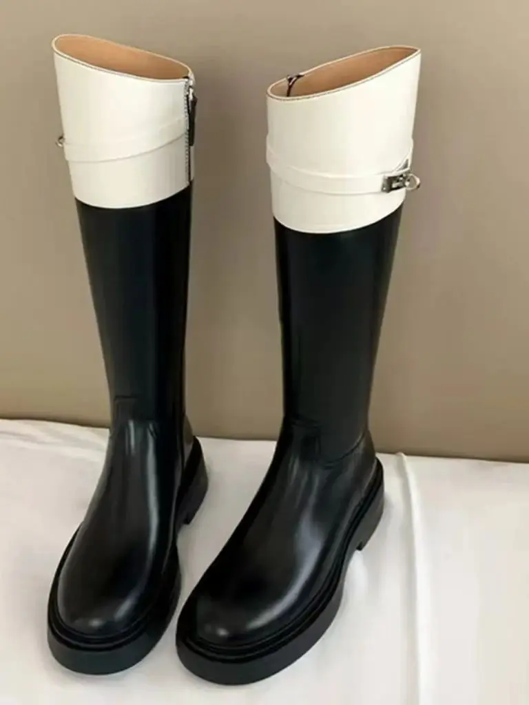 أسود أنيق بكعب منخفض جولة تو السيدات الركبة عالية رمح أحذية الخريف الشتاء الصوف مبطن القوطية جلد المرأة أحذية طويلة