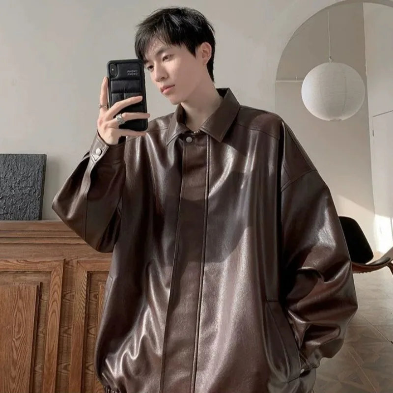 

Vintage Men Faux Leather Coat Spring and Autumn Casual Loose PU Leather Lapel Jacket Trendy Patch Buttons Designs Men's Clothing