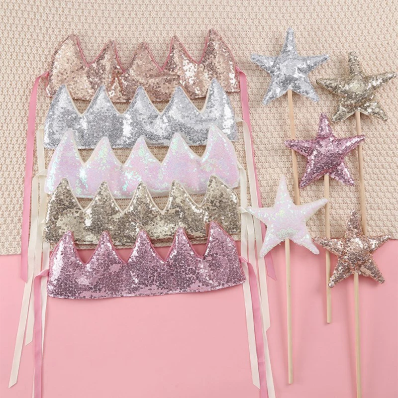 INS อาบน้ําเด็กสาว Glitter มงกุฎสีชมพู Boy Birthday Party Headwear Stage Performance แถบคาดศีรษะ Star Fairy Stick