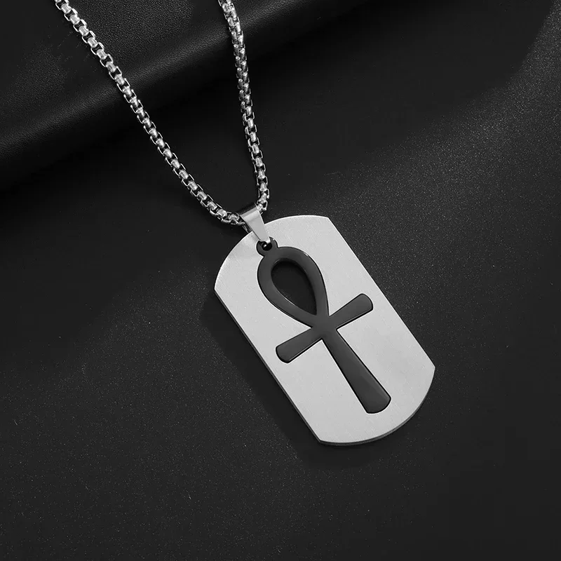 Classic Stainless Steel Engraved Ankh Simple Square Pendant Personalized Necklace Men's and Women's Hip Hop Jewelry