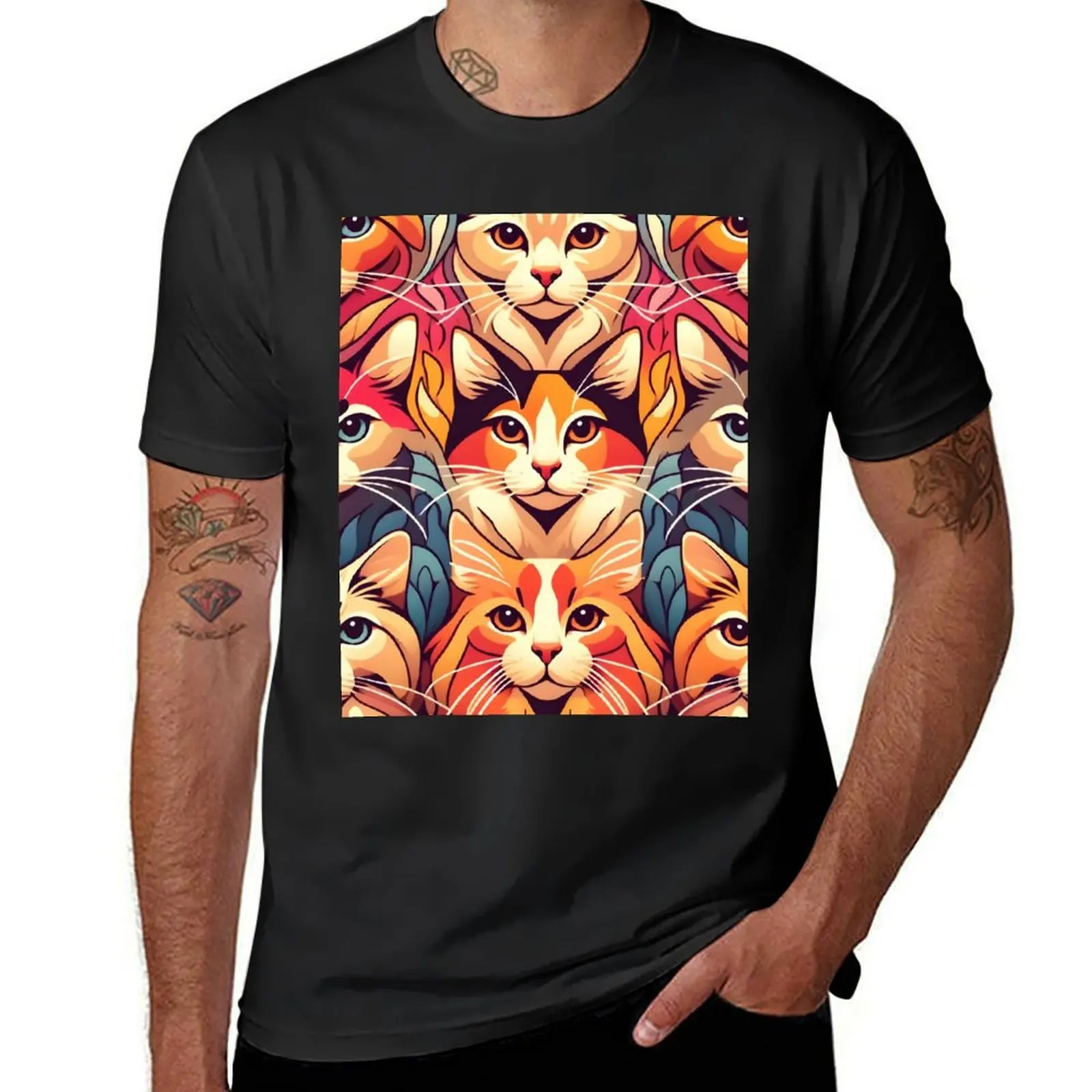 Artistic Cat Mandala Fabric - Vibrant Feline Faces Pattern for Crafting and Home Décor T-Shirt customizeds mens t shirt