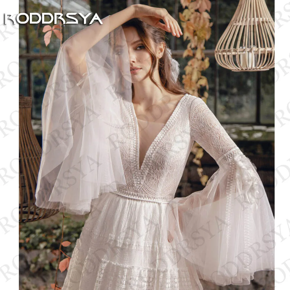 RODDRSYA Boho A Line Wedding Dresses vestidos de novia 2024 Princess Long Flare Sleeves Bohemian Tulle Lace V Neck Bride Gown