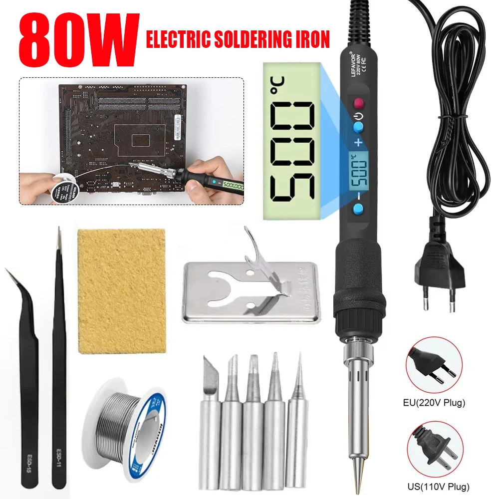 80W Electric Soldering Iron Kit Adjustable Temperature Digital Display Electronic Welding Repair Tools with Solder Tin Iron Tip