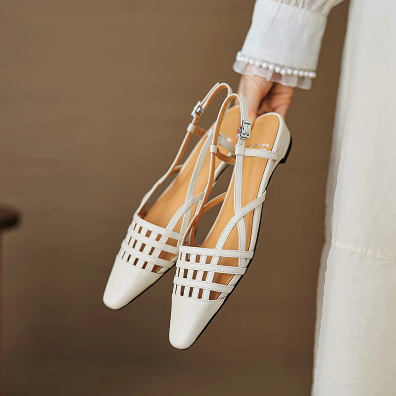 

﻿ Fashion Women Sandals Summer Elegant Hollow Out Flats Shoes slingback Low Heel Pumps Golden Genuine Leather Office Party Dress