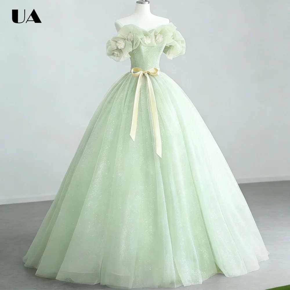 

ULBYANRY Customized Ruffled Mesh A-line Off-the-shoulder Sweet 15 Dress Sparkly Flower Quinceanera Dress Elegant Birthday Dress