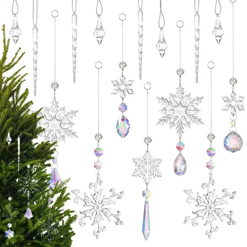 Crystal Christmas Tree Icicles Decorations 16pcs Acrylic Clear Snowflake Icicle Crystal Transparent Christmas Icicle Ornaments