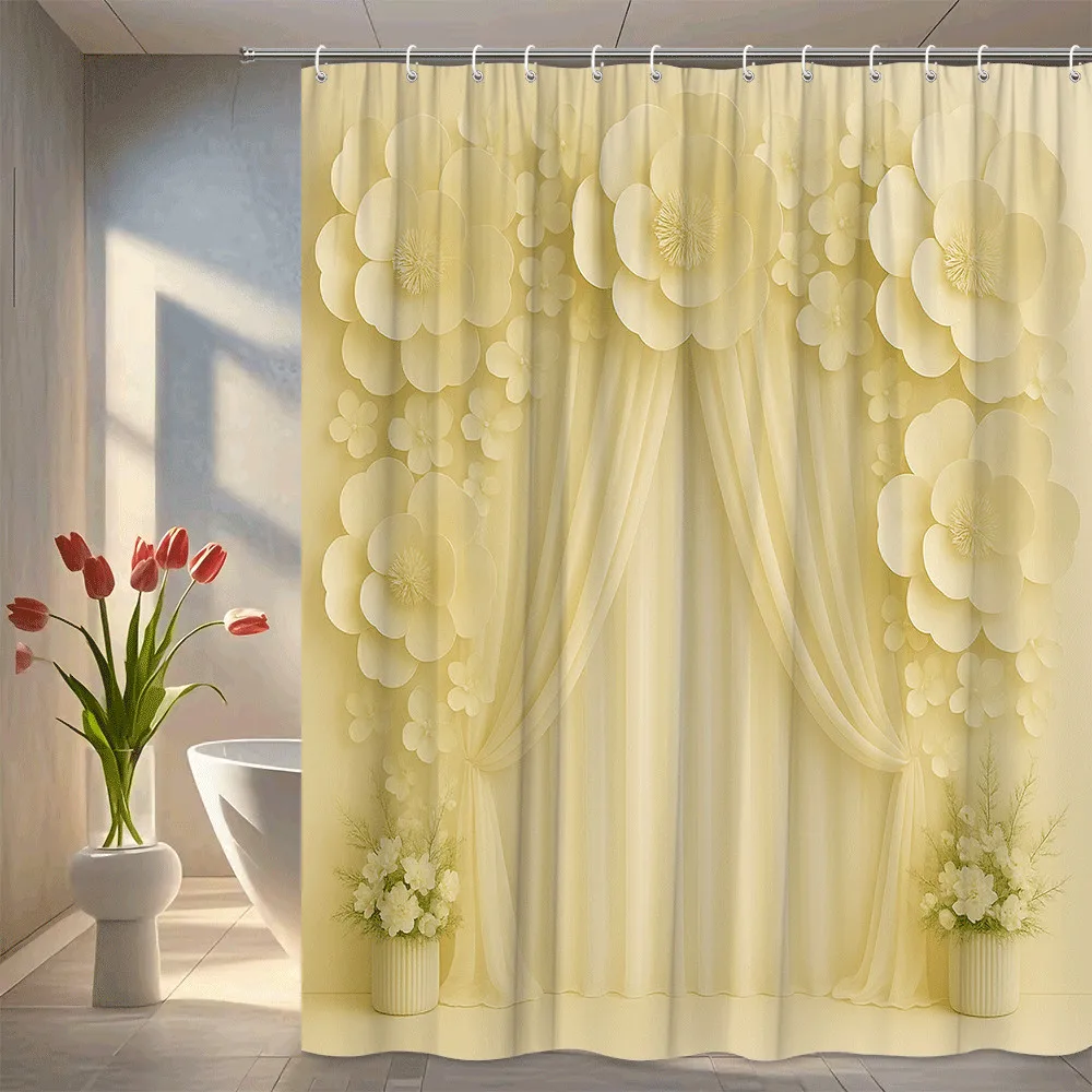 

Мягкая желтая занавеска для душа с цветочным принтом, 3D бумажные цветы и прозрачные шторы, элегантный весенний декор, водонепроницаемая, поднимая пространство, быстрая установка