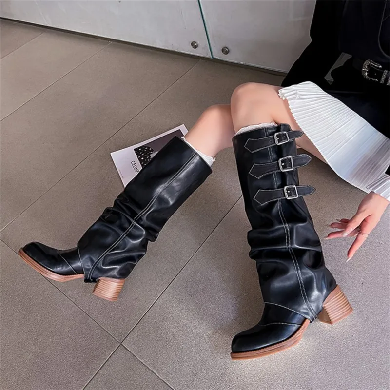 Dilalula-Botas hasta la rodilla de cuero genuino para mujer, botines largos con hebillas para motocicleta, cálidos, Punk, Sexy, para fiesta