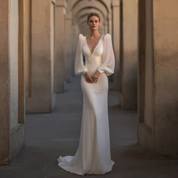 Robes de mariée glamour à col en V, robes de patients dos nu, manches longues bouffantes, tout ce qui est pour la fête formelle, robe éducative personnalisée