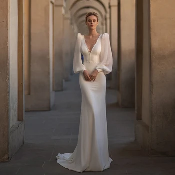 Abiti da sposa glamour Abiti da sposa senza schienale con scollo a V Abiti da sposa con maniche lunghe a sbuffo per abiti da festa formali De Novia personalizzati