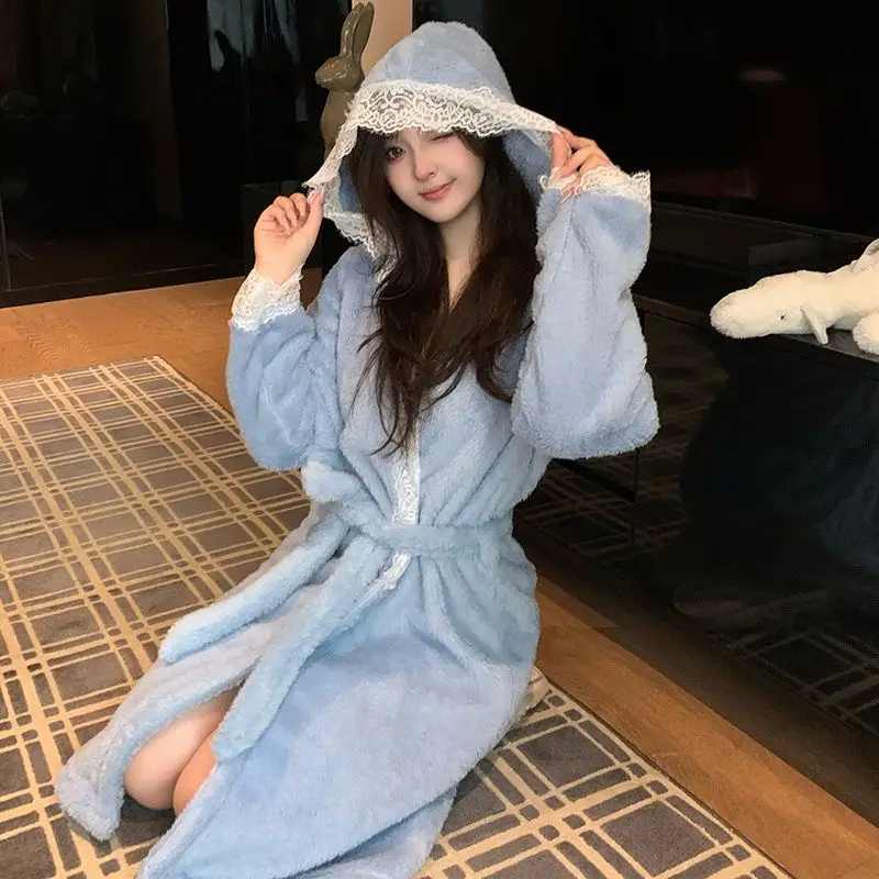 2025年冬用-長袖フード付き厚手暖かいフランネル着物ローブ-女性用-可愛いレースコーラルベルベット寝間着バスローブナイトドレス