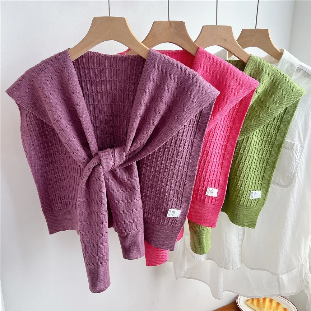 Korean Plain Basic Geometric Plaid Knitted Warm Shawl Winter Female Blouse Shoulders Fake Collar Cape Knotted Scarf Outerwear