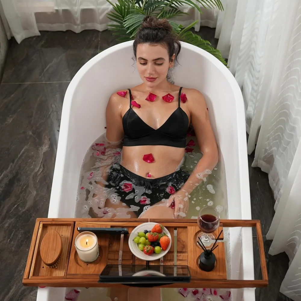 

Adjustable Teak Bathtub Tray Organizer with Tablet Holder, Wine Glass & Towel Rack for Relaxing Bath Time