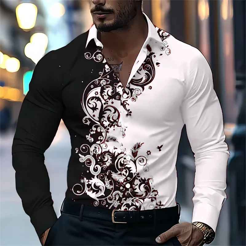 

Men's black and white color-blocked retro patterned long-sleeved shirt, outdoor street style business casual men's top, XS-6XL