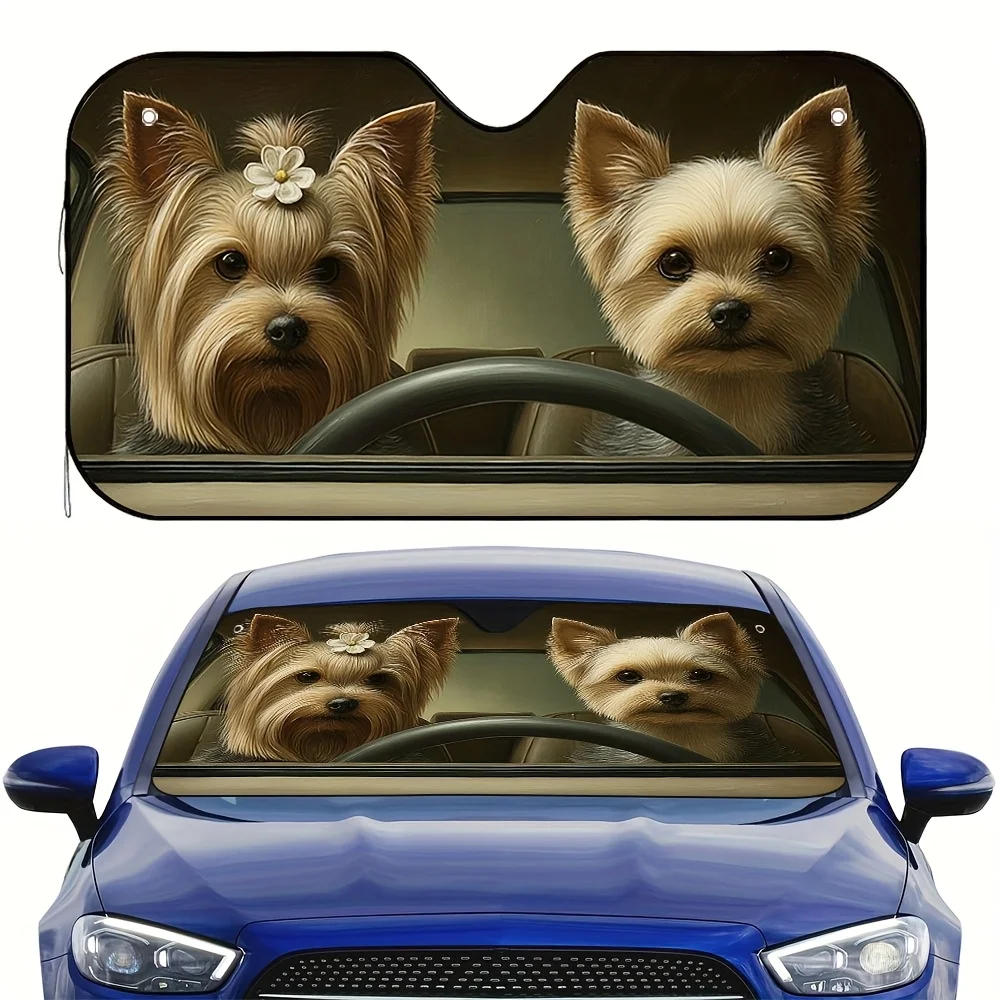 

1 шт. Модный 2D-плоский автомобильный солнцезащитный козырек Yorkies Duo — стильный дизайн, сохраняет ваш автомобиль крутой, поставляется с 4 присосками, Folda