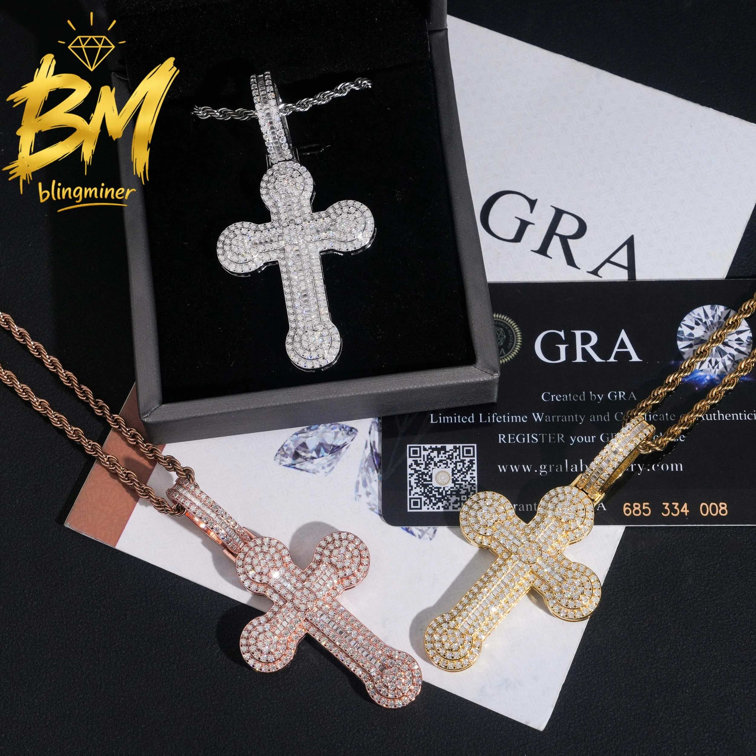 Blingminer Cross High-end S925 Silver VVS Moissanite Pendant For Men Women S925 Silver Pendants Jewelry Pass Diamonds Tester GRA
