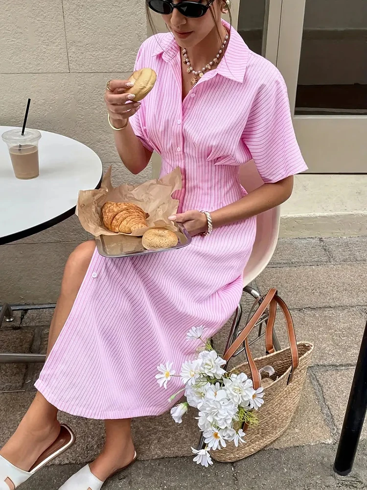Casual Strip Print Pleated Commute Dress New Chic Lapel Short Sleeved Shirt Dress Elegant Single Breasted Waist Cinch Slit Dress