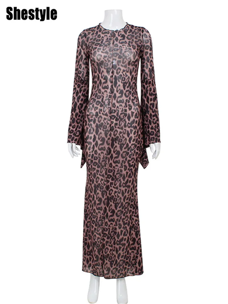 Shestyle Leopard Flare Ärmel Meerjungfrau langes Kleid transparent Herbst Dot Mesh Hipster schiere dünne Kleidung Outwear Winterurlaub