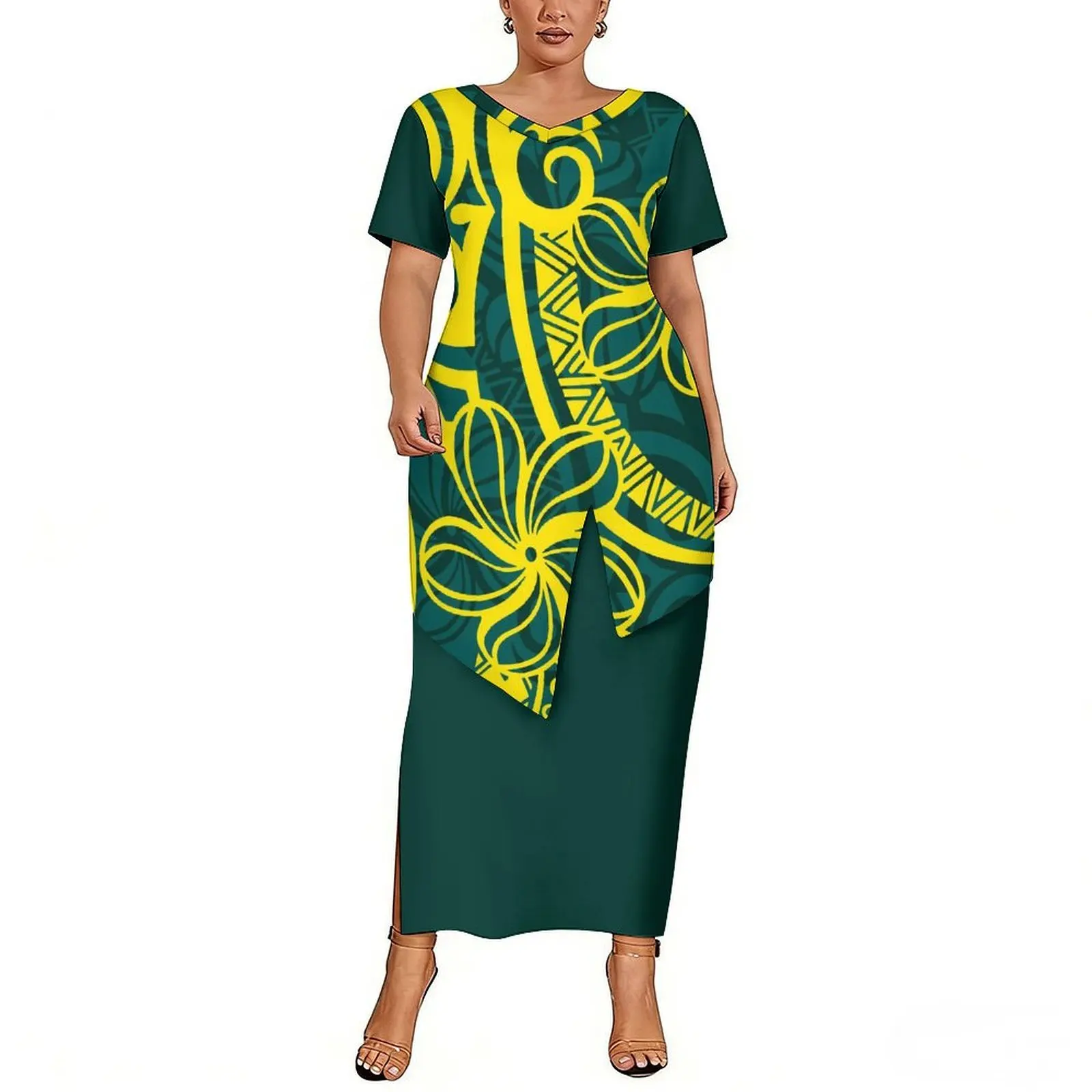 

Полинезийский комплект с традиционным узором: летний топ с V-образным вырезом и короткими рукавами, с цветочным принтом, художественный, повседневный, приталенный, с асимметричным подолом, и юбка-пулетаси.