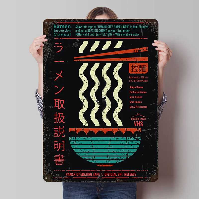 Retro Ramen VHS Bedienungsanleitung Blechposter Individualisierte Wandkunst Vintage Metallschilder Retro-Platten für Zuhause und Dekoration