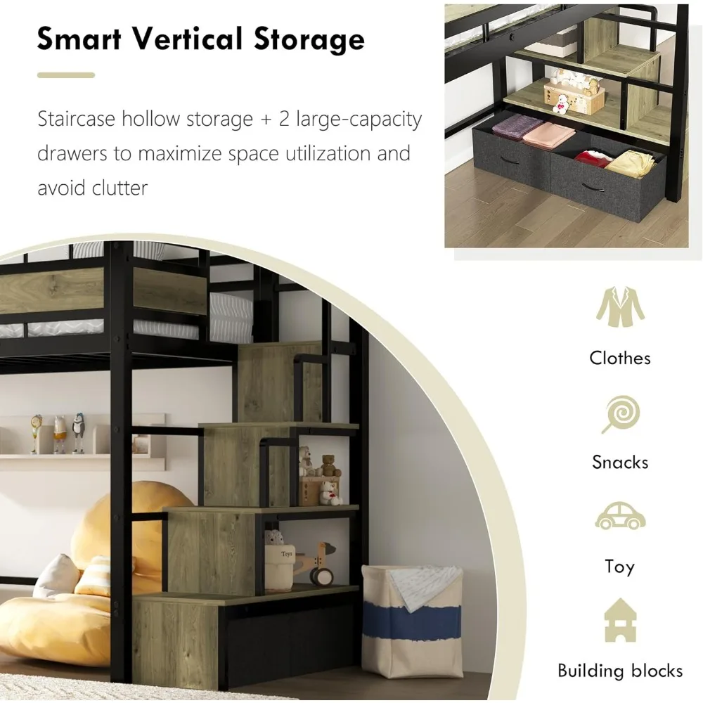 سرير علوي معدني مزدوج الحجم مع سلالم وأدراج تخزين، إطار سرير عالي التحمل موفر للمساحة للمراهقين والصغار، بدون صندوق زنبركي #3