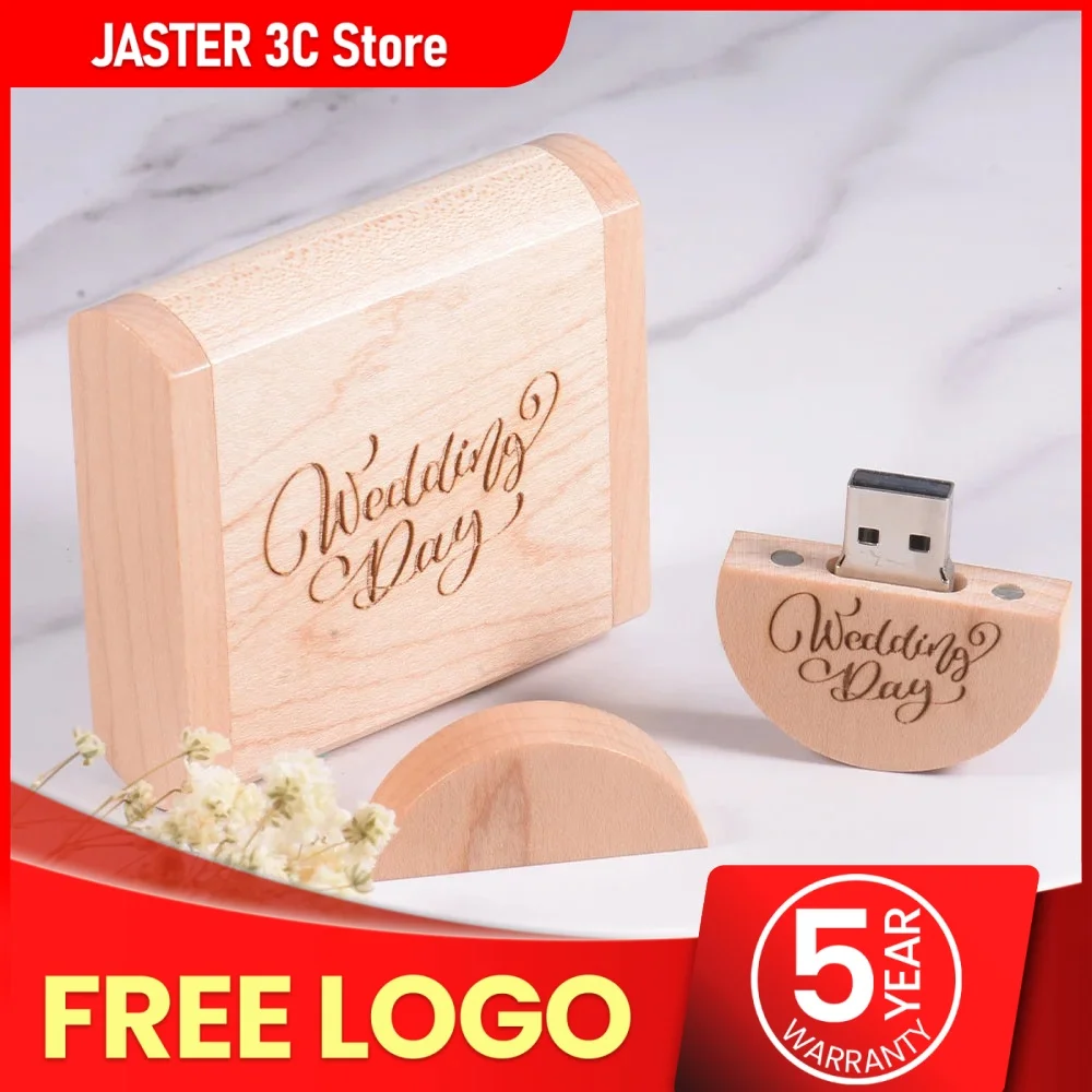 

JASTER USB Flash Drive 128GB Round U Stick 2.0 Wooden Free Logo Personal Customized Pendrive 4GB 8GB 16GB 32GB 64GB Wedding Gift