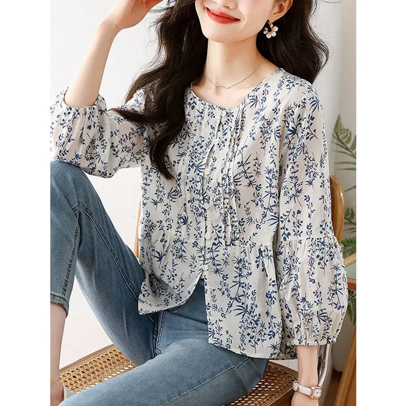 

Elegant Blue Floral Pure Cotton Shirt Women's 7/8 Sleeve Summer Fashion New Style Age-Defying Top Commute Style Lantern Sleeve