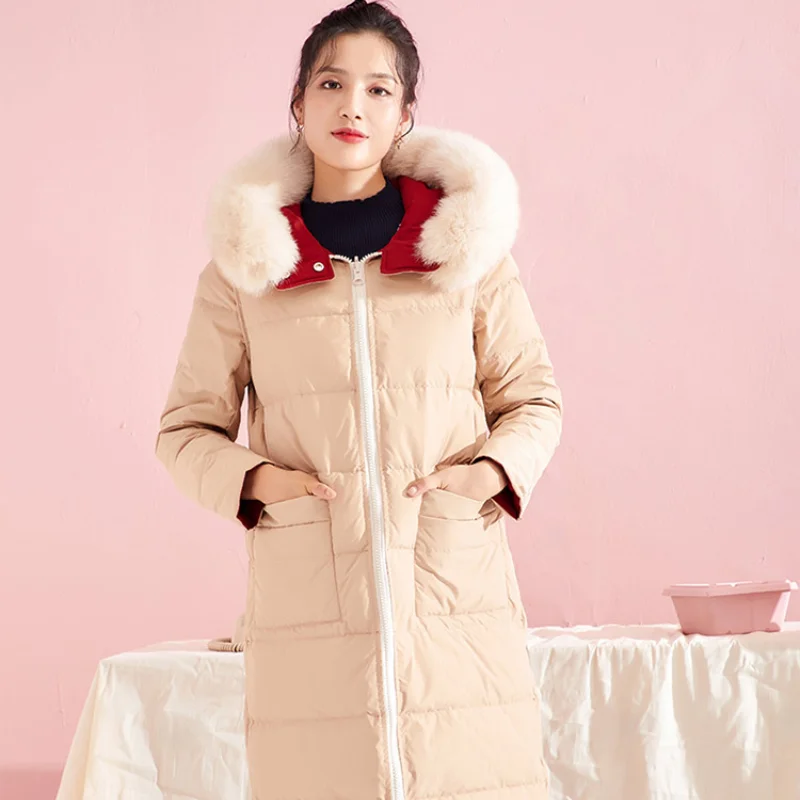 Chericom Mittellange Daunenjacke, weißer Fuchspelzkragen, Kapuze, Reißverschluss, geräumige Taschen, stilvoller Puffermantel, Oberbekleidung Y239707Y