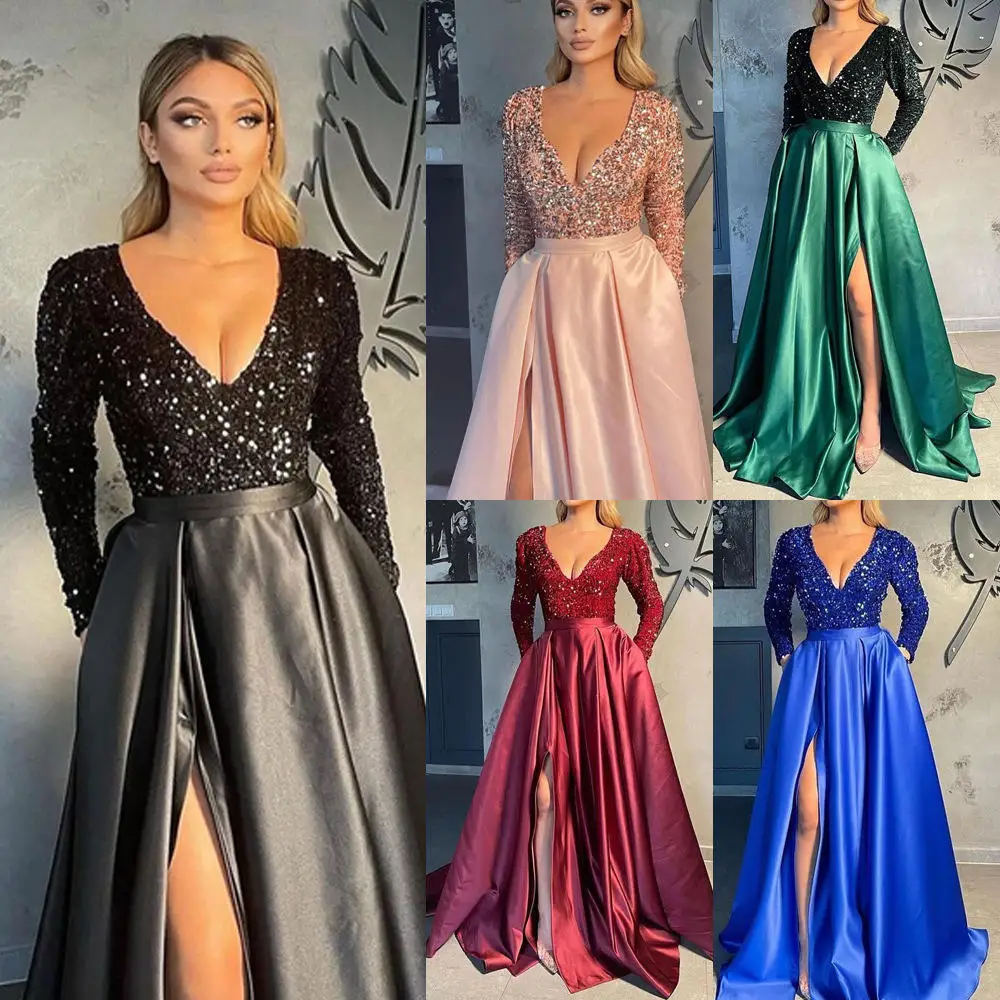 

SA Sequins Satin V-neck A-line Evening Dresses With Pockets Full Sleeve Elegant Pleats Side Slit Floor-Length Prom Dress Vintage