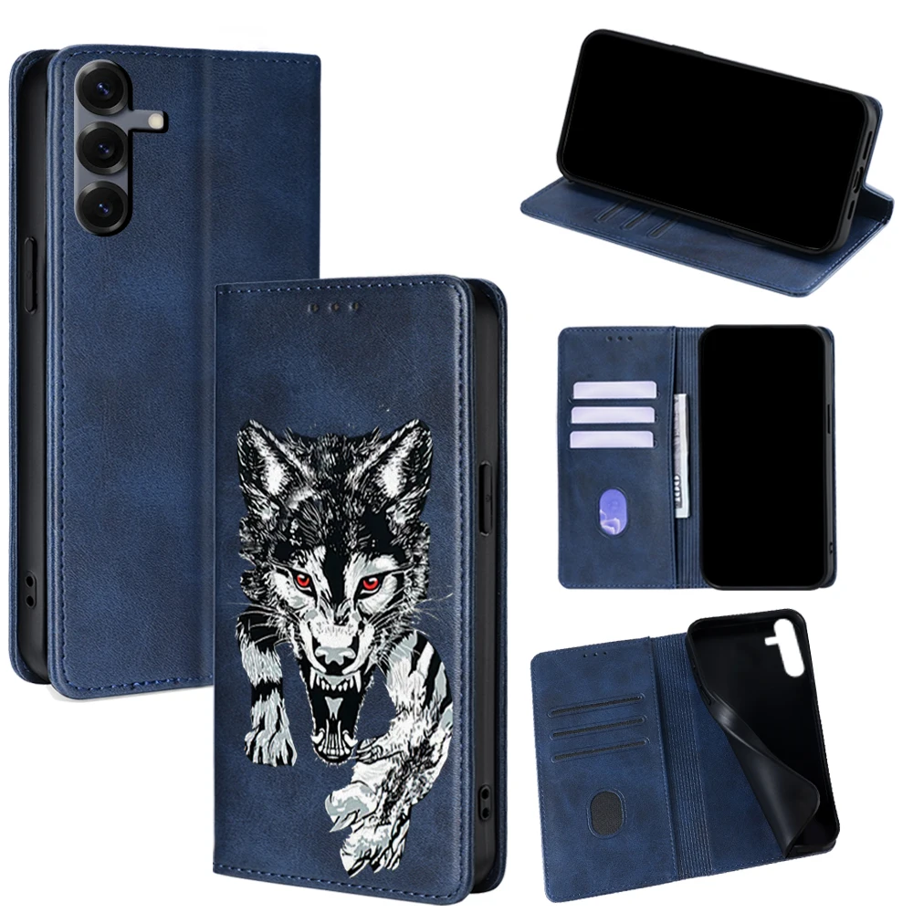 Wolf Muster Leder Brieftasche Fall für Samsung Galaxy S25 Ultra S25 FE S24 S23 S22 Plus A17 A07 A56 A36 A26 Karte Slots Holster