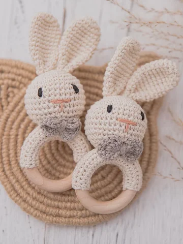 Baby Crochet Rattle Wooden Teether Toy BPA Free Wood Rodent Rabbit Rattle Baby Mobile Play Gym Newborn Educational Music Toys