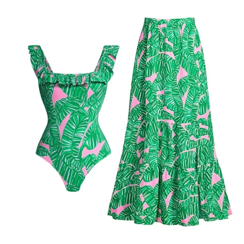 

Women's Green Printed Swimsuit Set, Ruffled Edges, New Swimwear, One-Piece Set