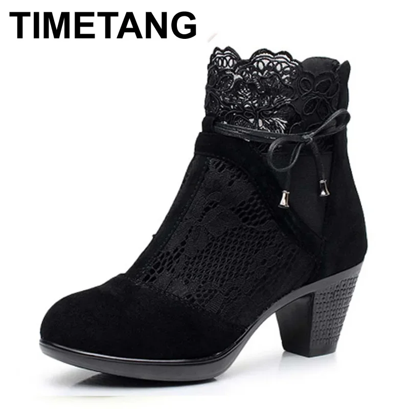 TIMETANG Genuine leather spring and autumn mar boots medium hells shoes women's