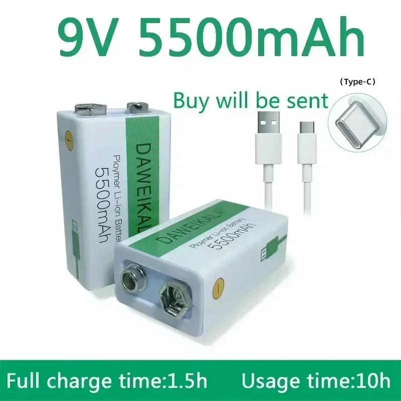 

For 9V 5500mAh 9V battery li-ion Rechargeable Micro USB Battery 9v lithium for Multimeter Microphone Toy +USB charging cable