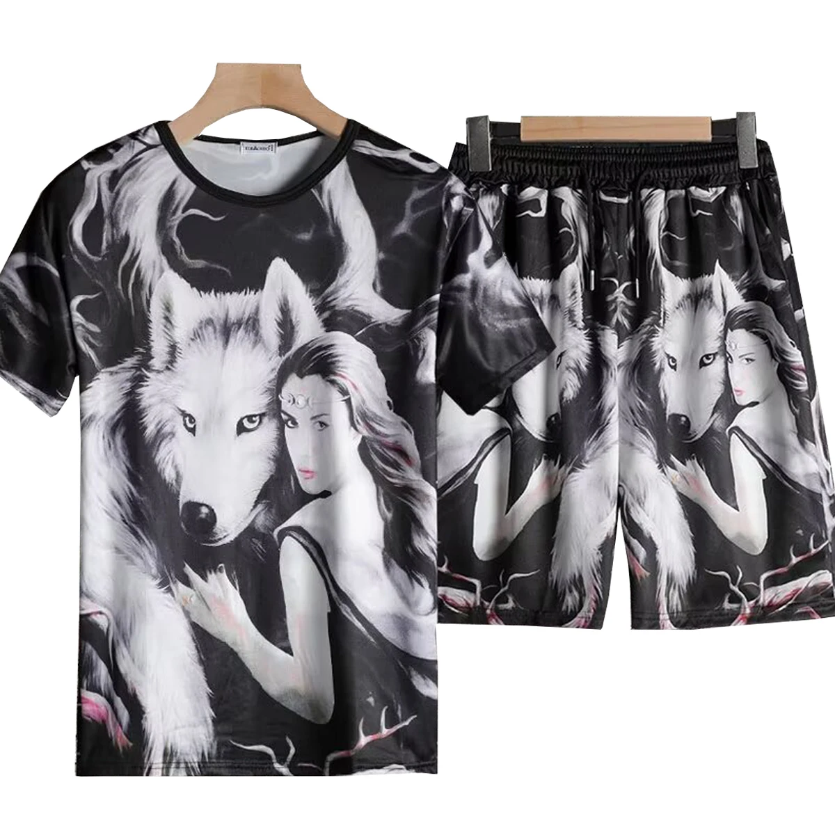 Men's Short Sleeved T-shirt Casual Shorts Set Round Neck Fashionable Printed Five Quarter Shorts Spring Summer Young People