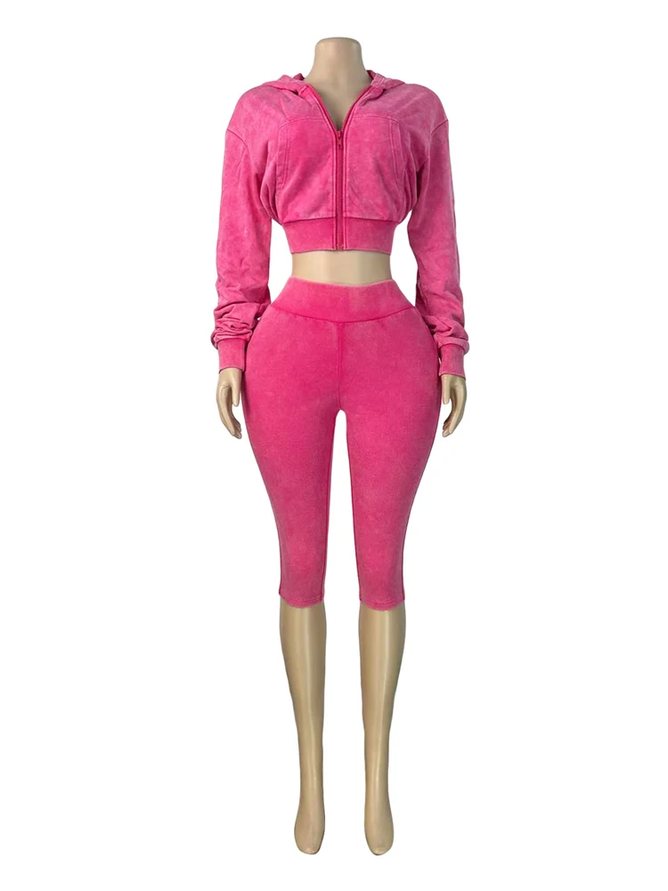 JENYAGE Damen 2-teiliges Outfit, Vintage-Look, gewaschene Kapuzenjacke mit Reißverschluss, hochtaillierte Caprihose mit Rippenstruktur, dehnbarer Trainingsanzug – Detail 6