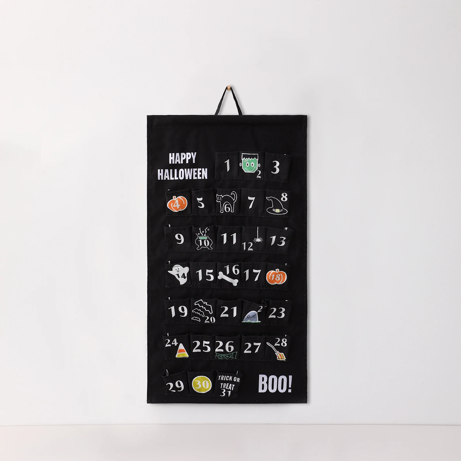 Stoff-Halloween-Leinwand-Adventskalender, schwarze Wandbehang-Dekoration, 31-tiger Countdown für Familien und Kinder – Detail 1