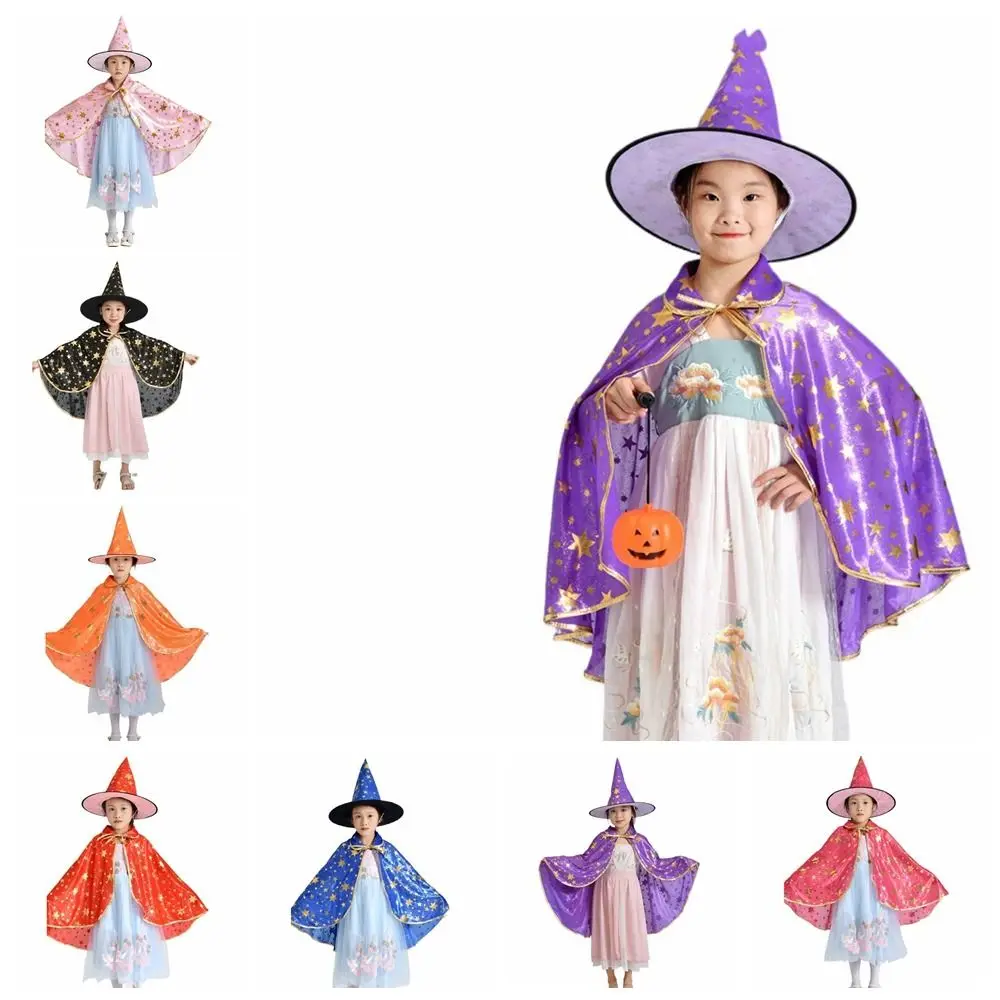 Capa de bruja estrella con sombrero, traje de mago Multicolor, conjuntos de capa de Halloween para niños, dorado con sombrero de mago, disfraces de Halloween
