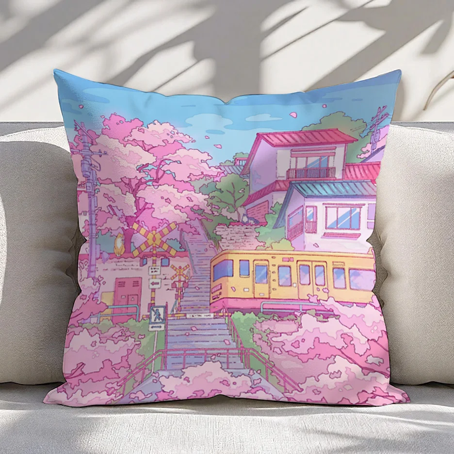 Tokyo Cherry Blossom Train Pillow Cover 16x16 18x18 20x20 Inch Polyester Zipper Machine Washable Anime Style Sofa Bed Decor