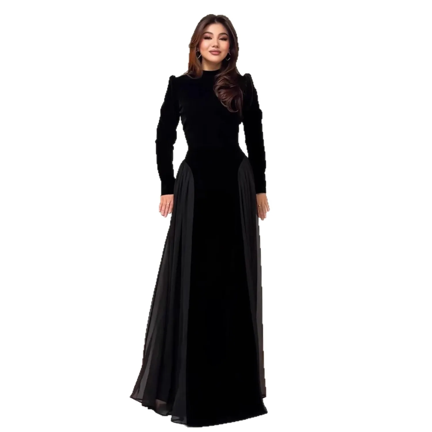 Women's Velvet Chiffon Paneled Long Dress - usage example