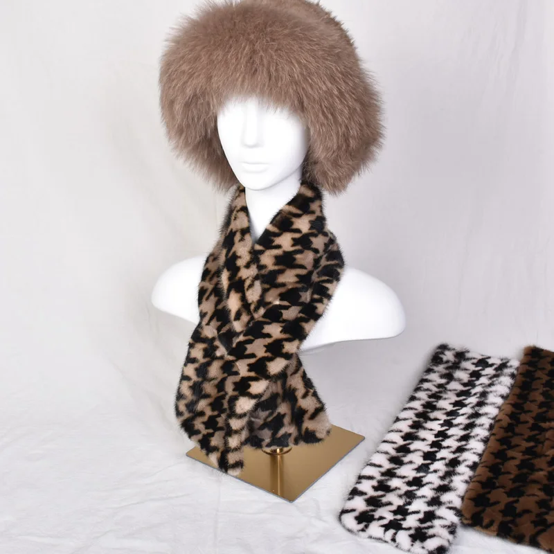 2024 New Real Mink Fur Scarf for Men and Women, Thousand Bird Grid, Leopard Pattern, Fashion, Warm, Double Sided, Autumn, Winter