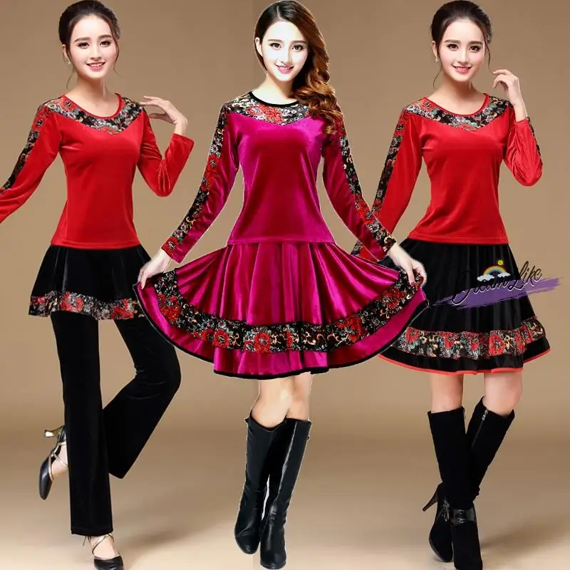 

2026 New Square Dance Costume Set Thiened Gold Velvet Long Sve plus Size Dancing Clothes Women's Skirt Autumn Winter