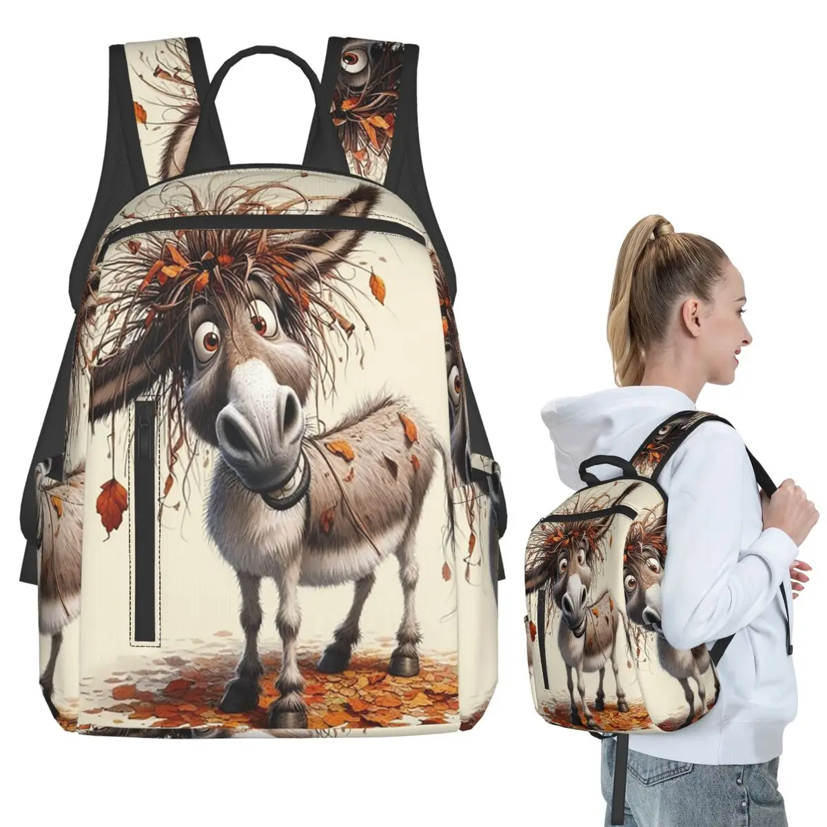 

Cartoon Donkey In Autumn Leaves Backpack Student BookBag Kids School Bag Computer Shoulder Bags Men Women