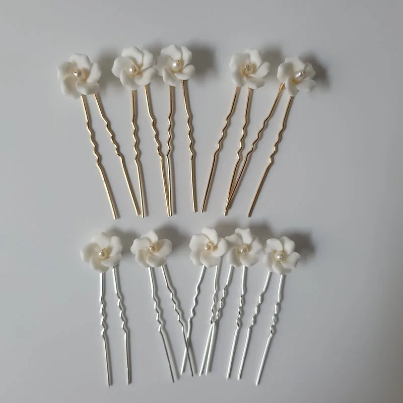 

SLBRIDAL Handmade INS Style Pearls Ceram Flower Bridal Hair Pin Set Wedding Hair Sticker Hair Accessories Women Hair Jewelry