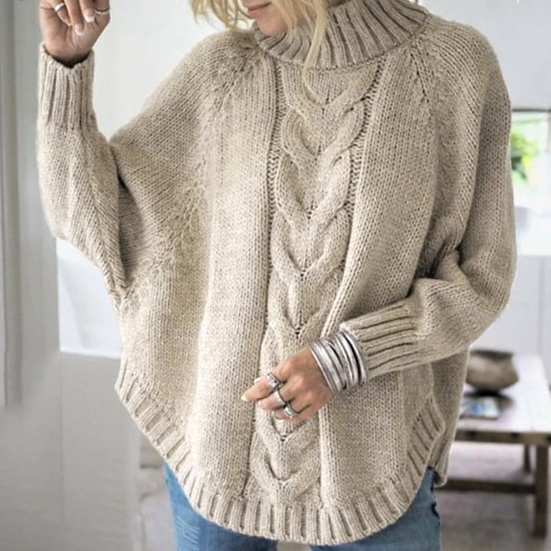 Vintage Cape Coat Autumn Winter Warm Batwing Sleeve Cape Coat Women Turtleneck Knit Sweater Poncho Coat