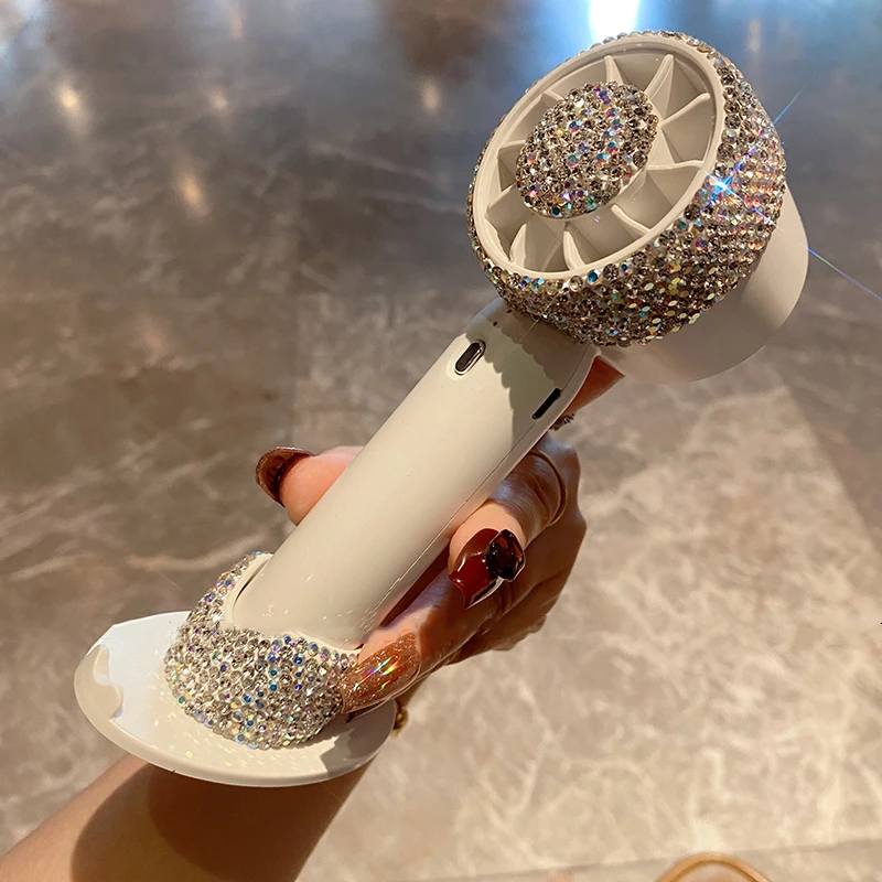 

Turbo Handheld Fan with Rhinestones Fixation Seat Mini Portable USB Rechargeable Silent Student Desktop Bladeless Small Fan