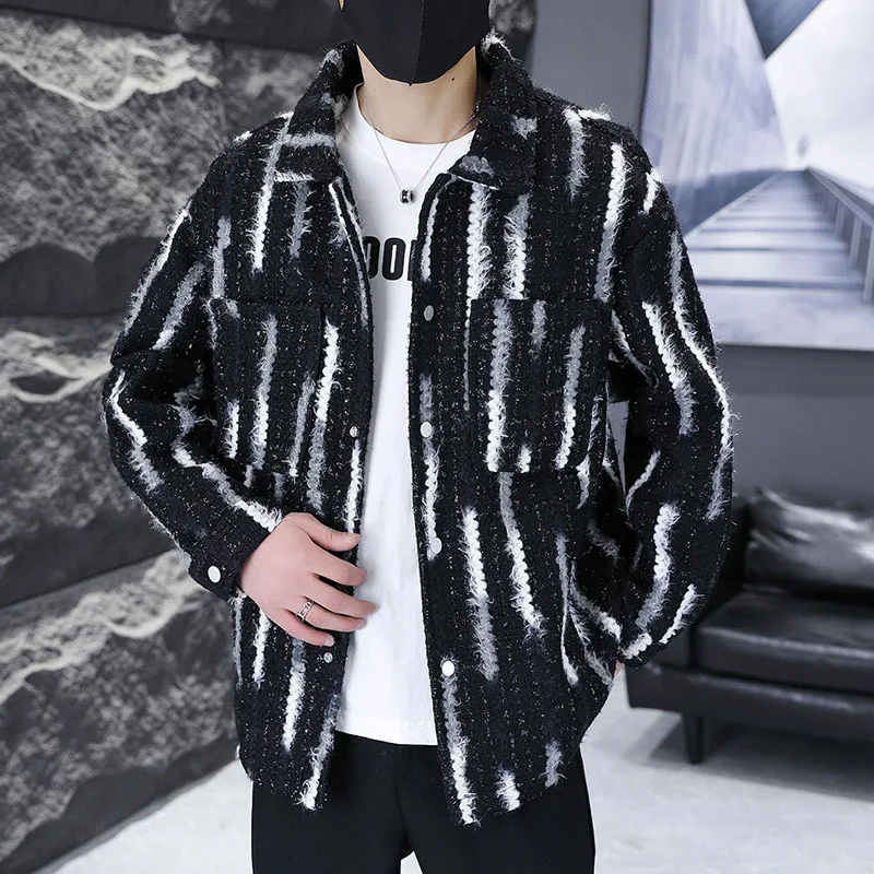 

New Trendy Men's Striped Woolen Jackets 2025 Spring Autumn Casual Slim Fit Thick Coats Youth Streetwear Windproof Tops Clothing