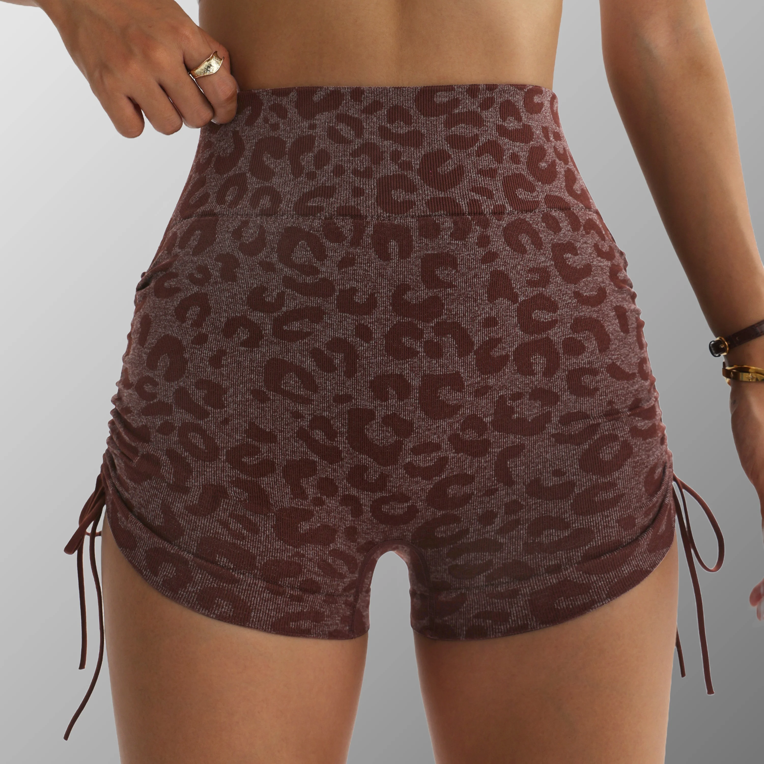 Leopard Print Sports Shorts High Waist Butt Lift Shorts with Side Drawstrings Women's Yoga Gym Fitness Workout  Activewear