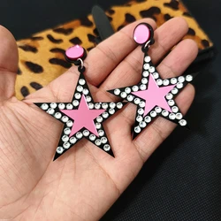 KUGUYS Mirror Pink Star Pentagram Acrylic Earrings for Women HipHop Rock Large Dangle Drop Fashion Jewelry Accessories