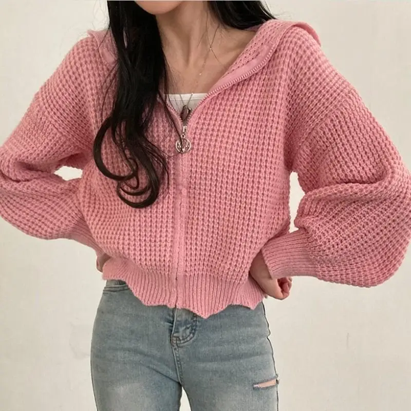 

Loose Knit Hooded Sweater Coat Women's Short Cardigan Chic Zipper Sweater Coat